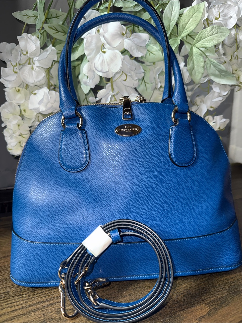 Coach Electric Blue Pebbled Leather Satchel with Detachable Strap